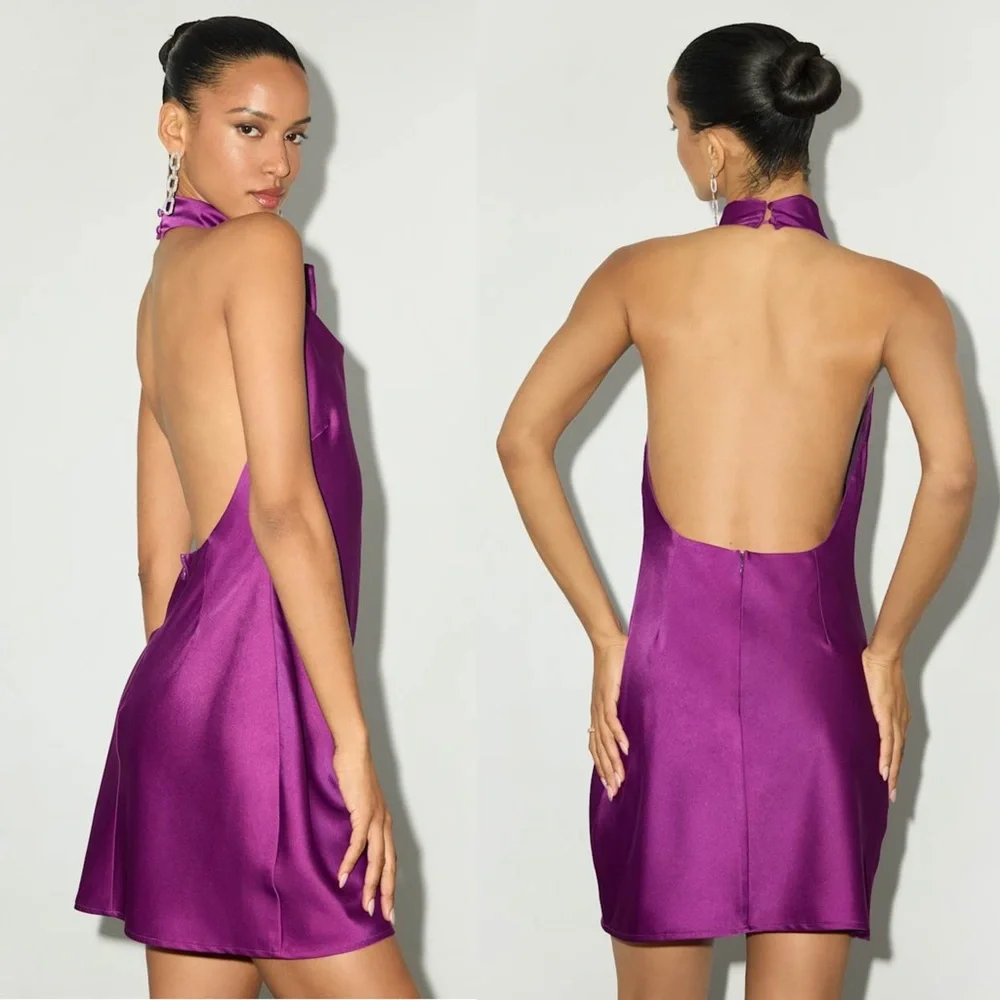 NWT‎ LULUS Berry Satin Y2K Halter Backless Minimalist Coquette Slip Mini Dress L